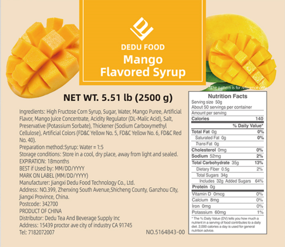Dayou International Brand Source Factory 2.5 kg Mango Fruit Flavored Syrup For Bubble Tea